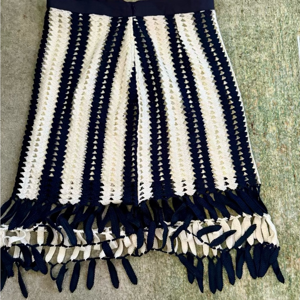 Eva Franco Navy and Cream Fringe A-Line Skirt